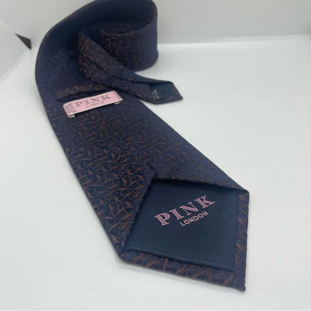 PINK LONDON Navy Copper Print Silk Necktie NWOT Career Office